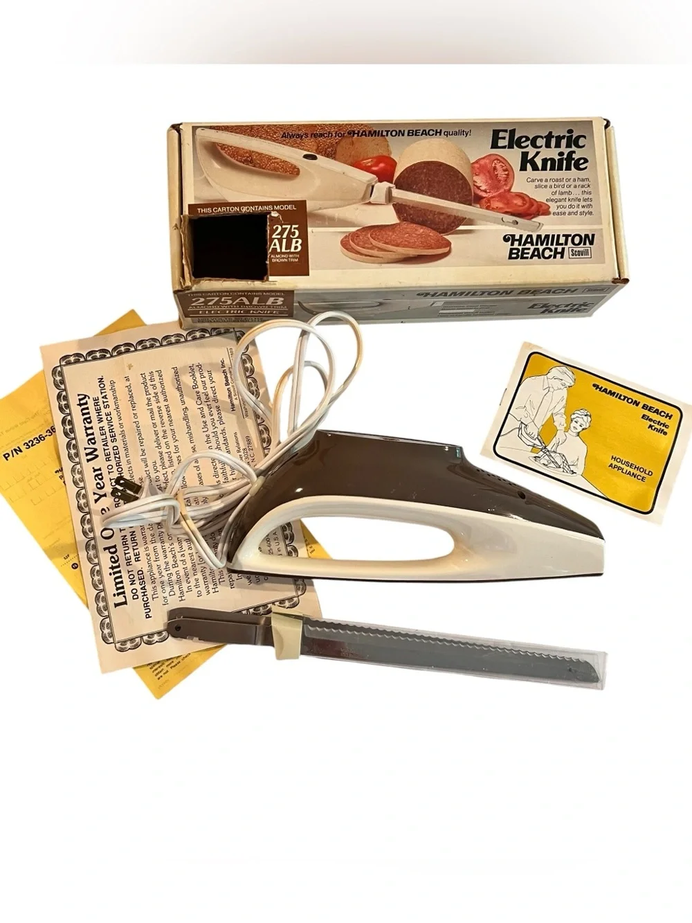 Hamilton Beach 275ALB Almond with Brown Trim Electric Knife  Made In U.S.A. D-6